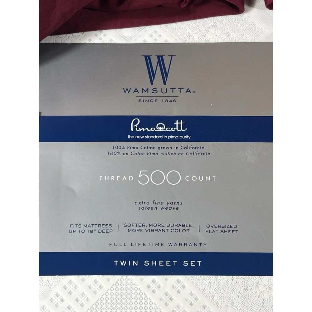 WAMSUTTA 500 Thread Count PimaCott TWIN Sheet Set BURGUNDY Solid Deep Fit