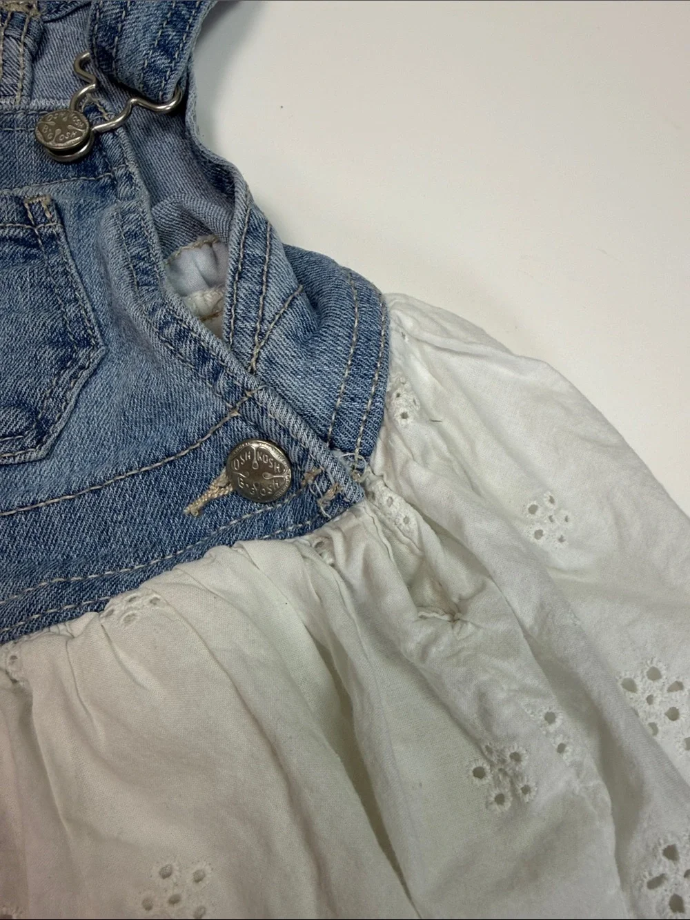OshKosh B’gosh Baby Girl 12M Denim Eyelet Lace Overall Skirtall Dress