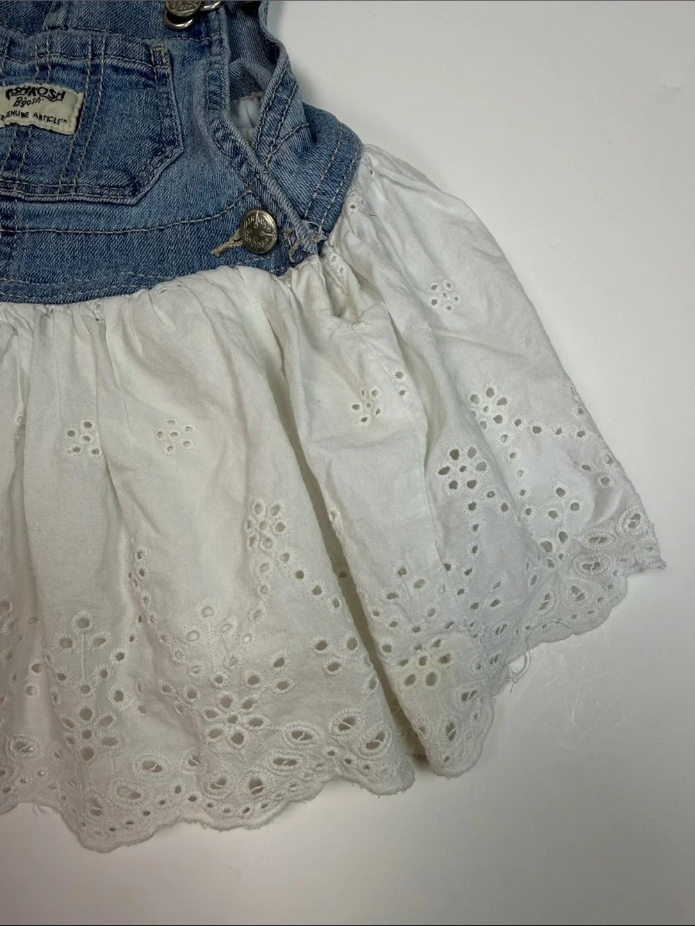 OshKosh B’gosh Baby Girl 12M Denim Eyelet Lace Overall Skirtall Dress