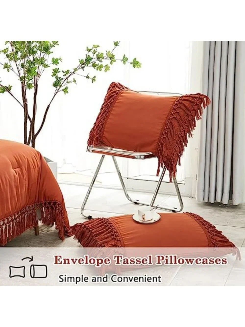 Boho Terracotta Queen Comforter Set, 3-Piece Tassel Bedding for Cozy Home Decor
