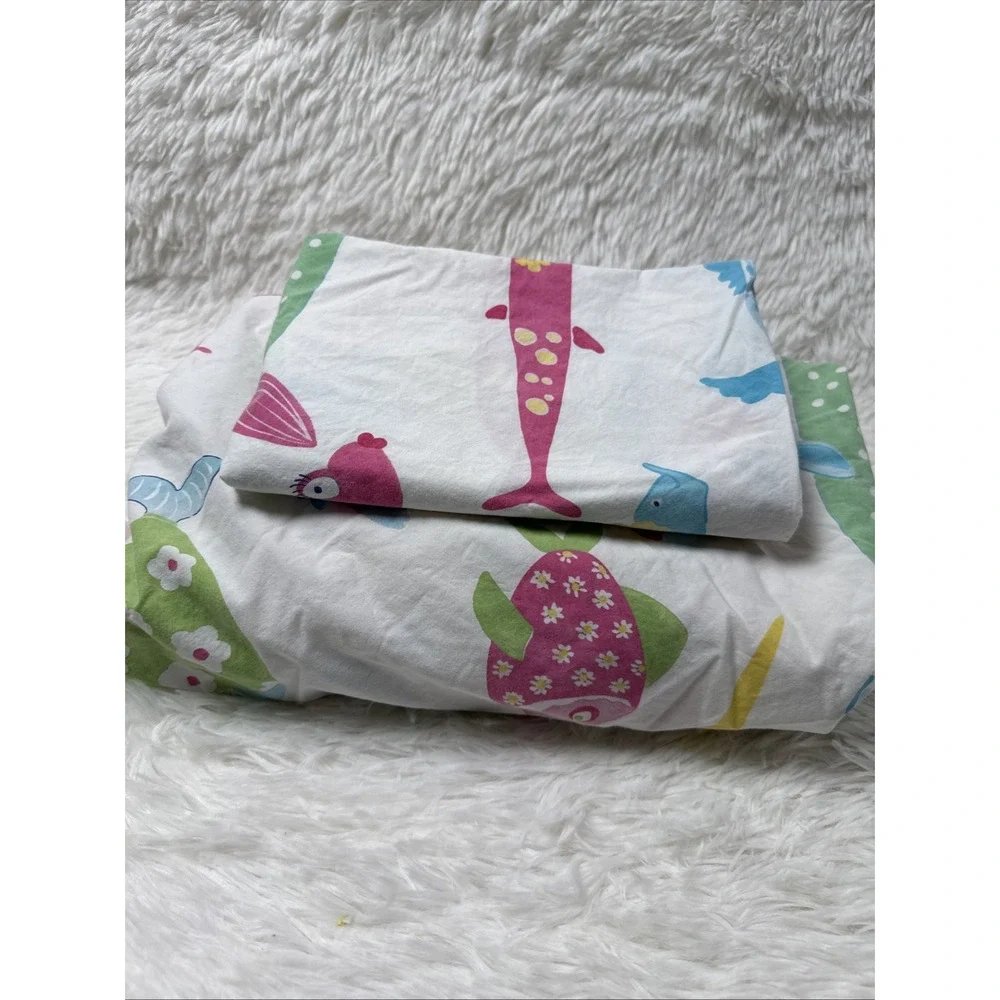 Pottery Barn Kids PBK Funny Fish Full Fitted Sheet Pillowcase Cotton Set
