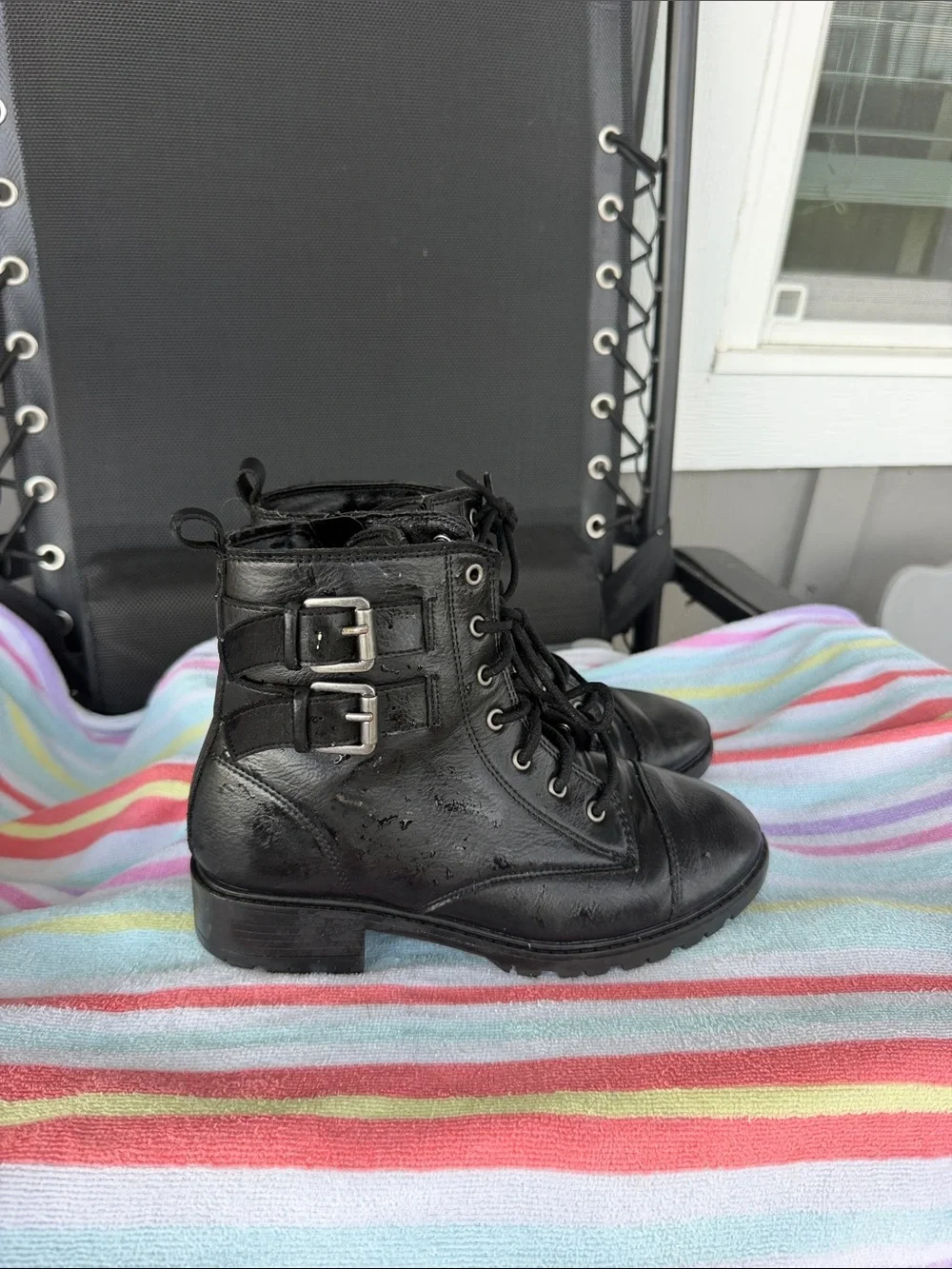 Black Lace-Up Buckle Combat Boots - Women