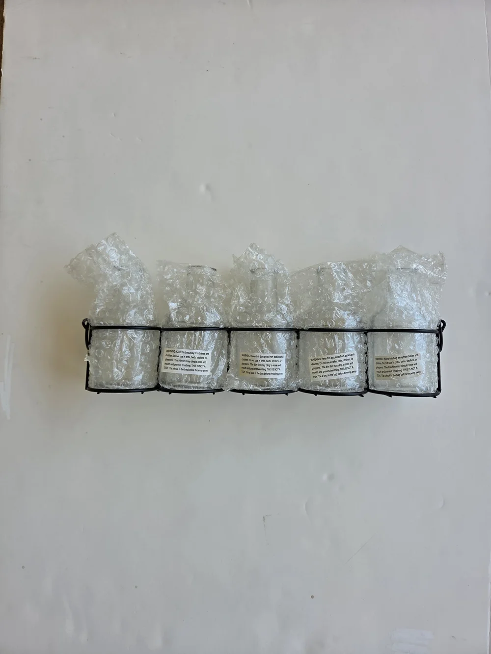 Kirkland's 5 Clear Glass Mini Vases with Black Metal Rack NWT