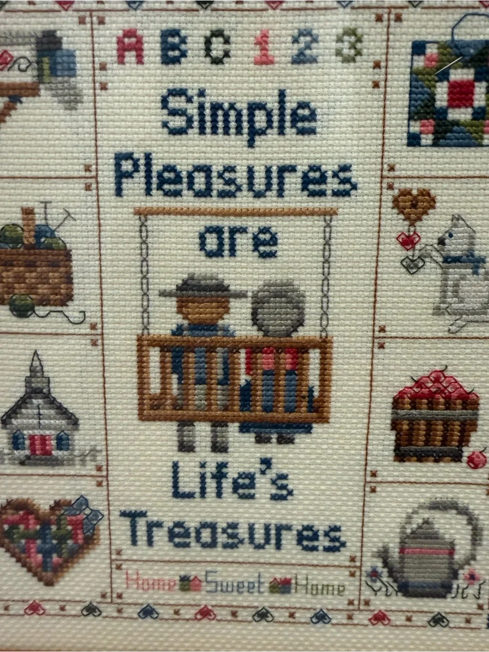 Simple Pleasures Are Life's Treasures Cross Stitch Wall Art - Blue Text