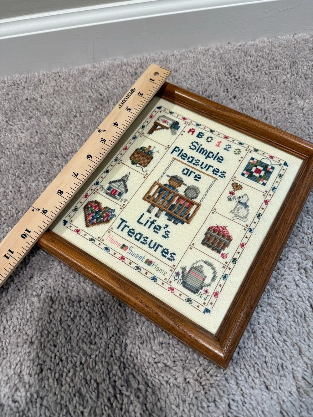 Simple Pleasures Are Life's Treasures Cross Stitch Wall Art - Blue Text