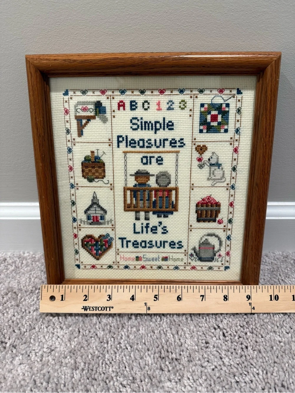 Simple Pleasures Are Life's Treasures Cross Stitch Wall Art - Blue Text