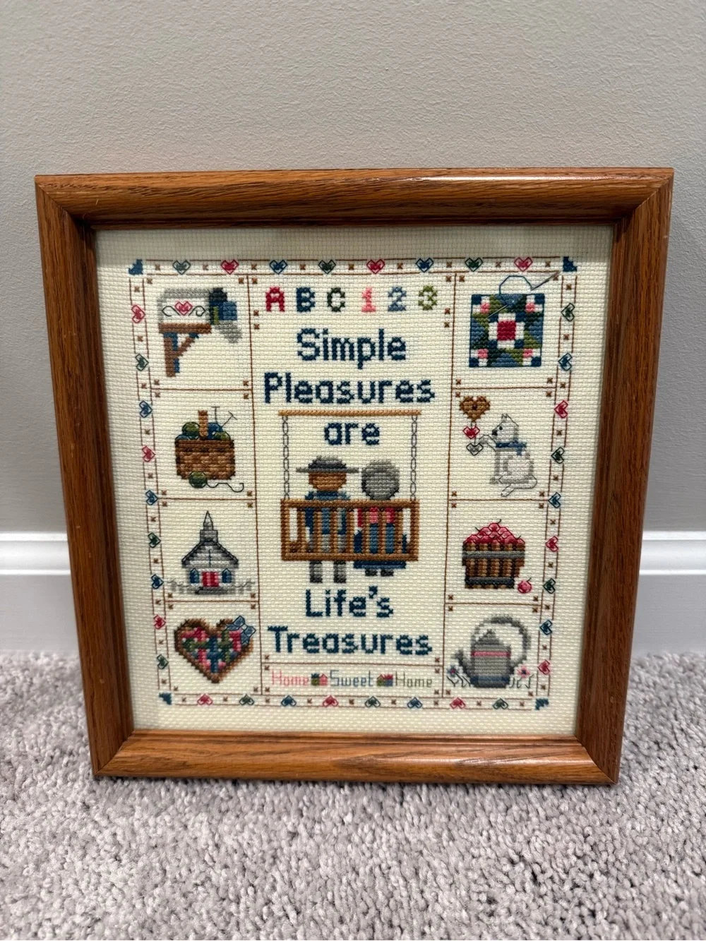 Simple Pleasures Are Life's Treasures Cross Stitch Wall Art - Blue Text