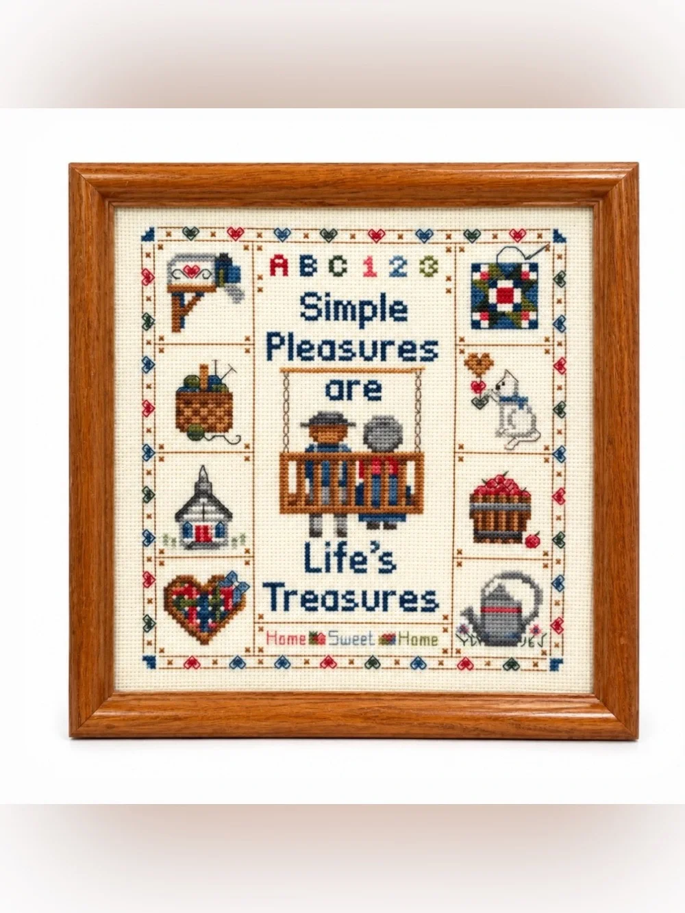 Simple Pleasures Are Life's Treasures Cross Stitch Wall Art - Blue Text