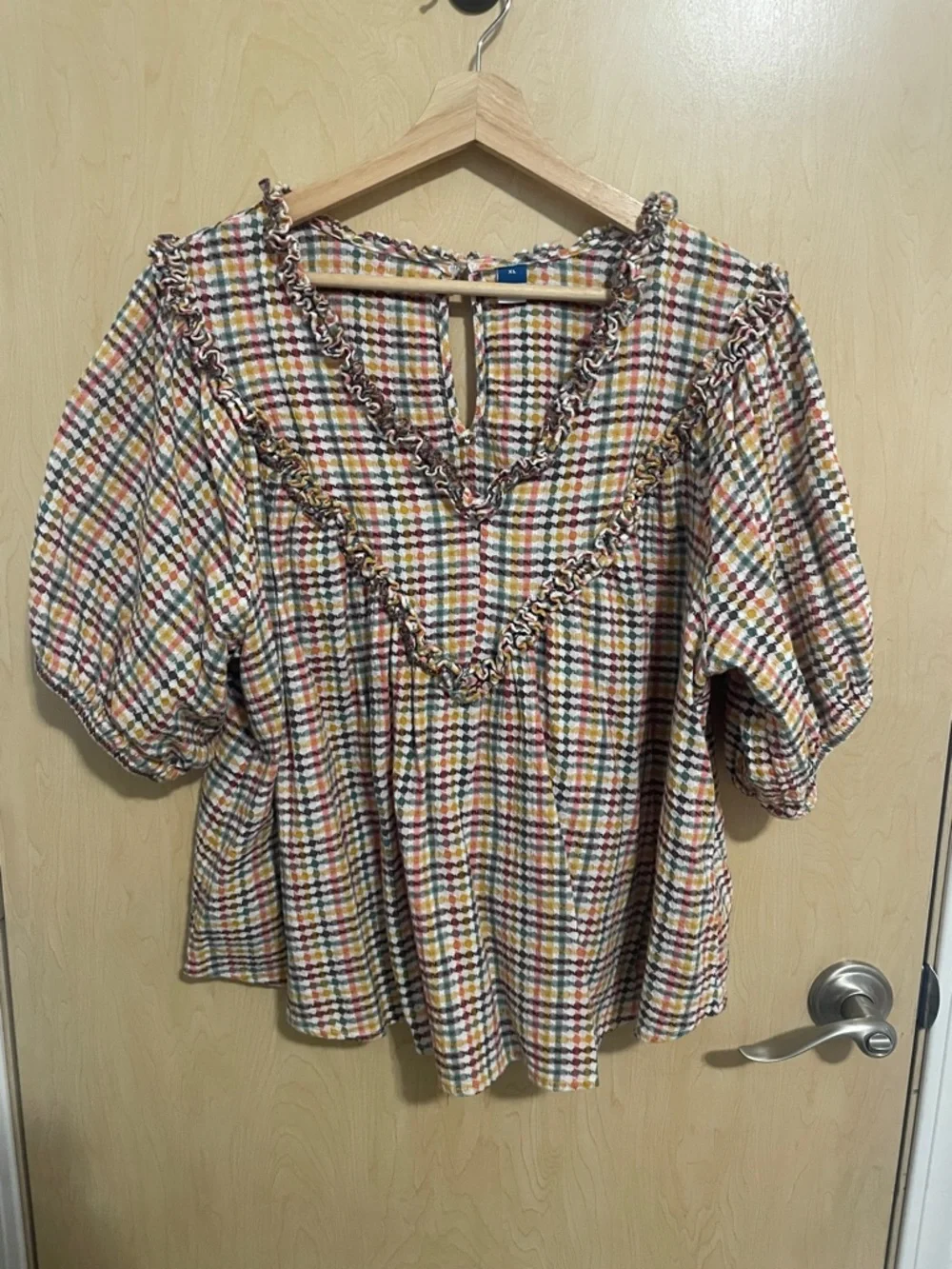 Old Navy Women’s Western Boho Textured Plaid Ruffle-Trim Peasant Top XL 🌼 🤎