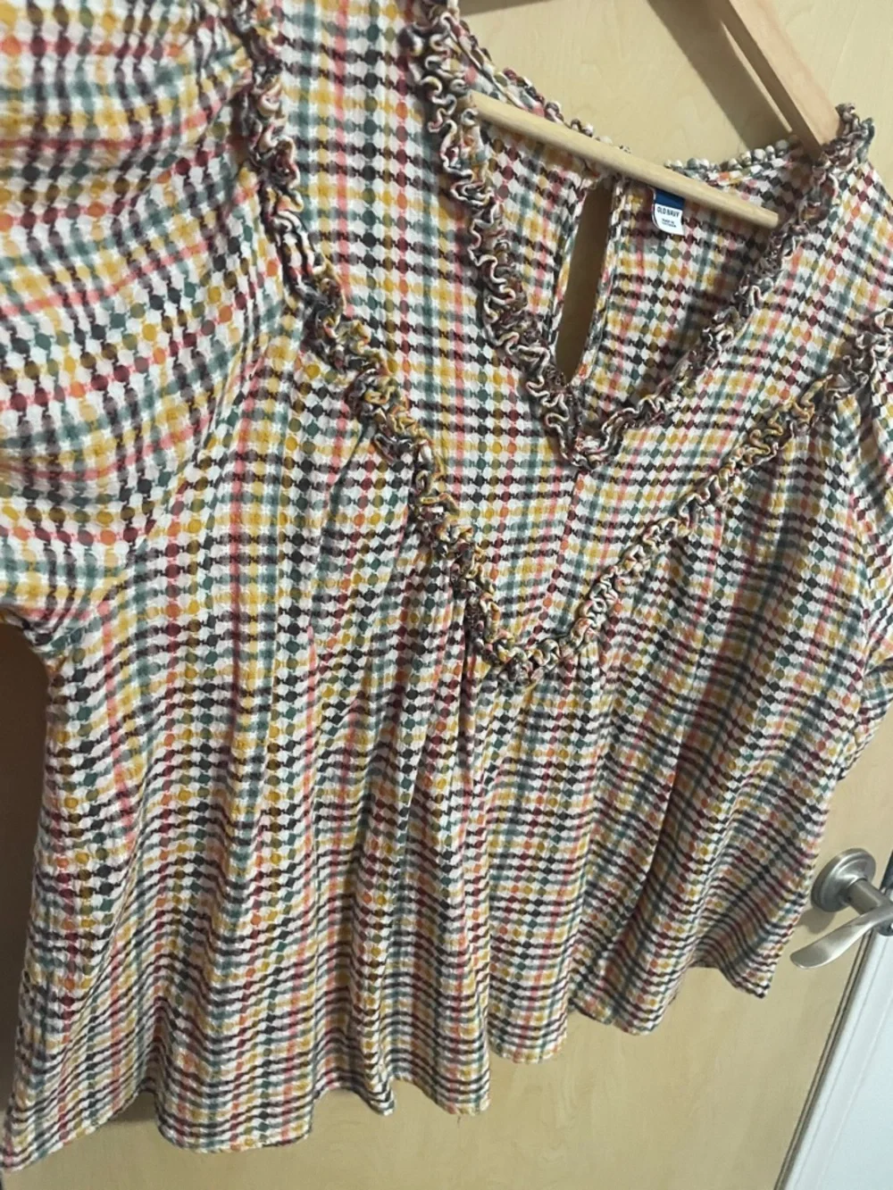 Old Navy Women’s Western Boho Textured Plaid Ruffle-Trim Peasant Top XL 🌼 🤎