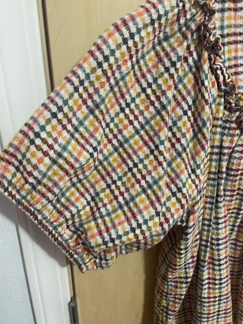 Old Navy Women’s Western Boho Textured Plaid Ruffle-Trim Peasant Top XL 🌼 🤎