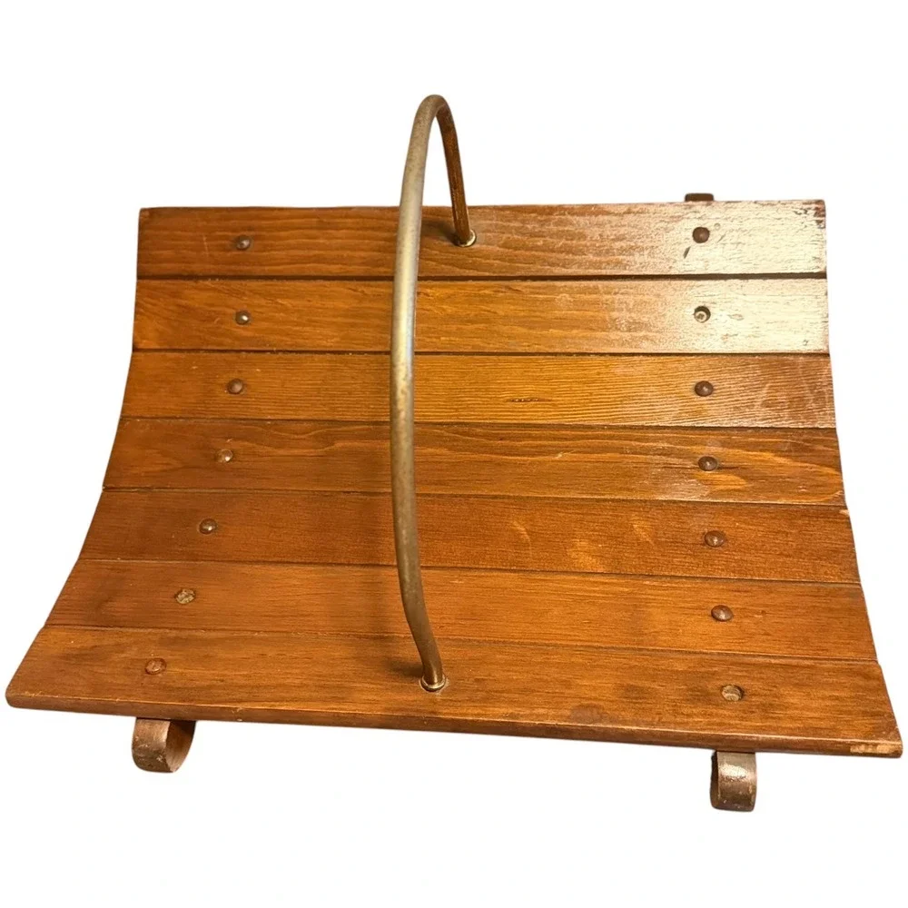 Vintage Curved Wood Magazine Rack Brass Handle Mid Century Modern