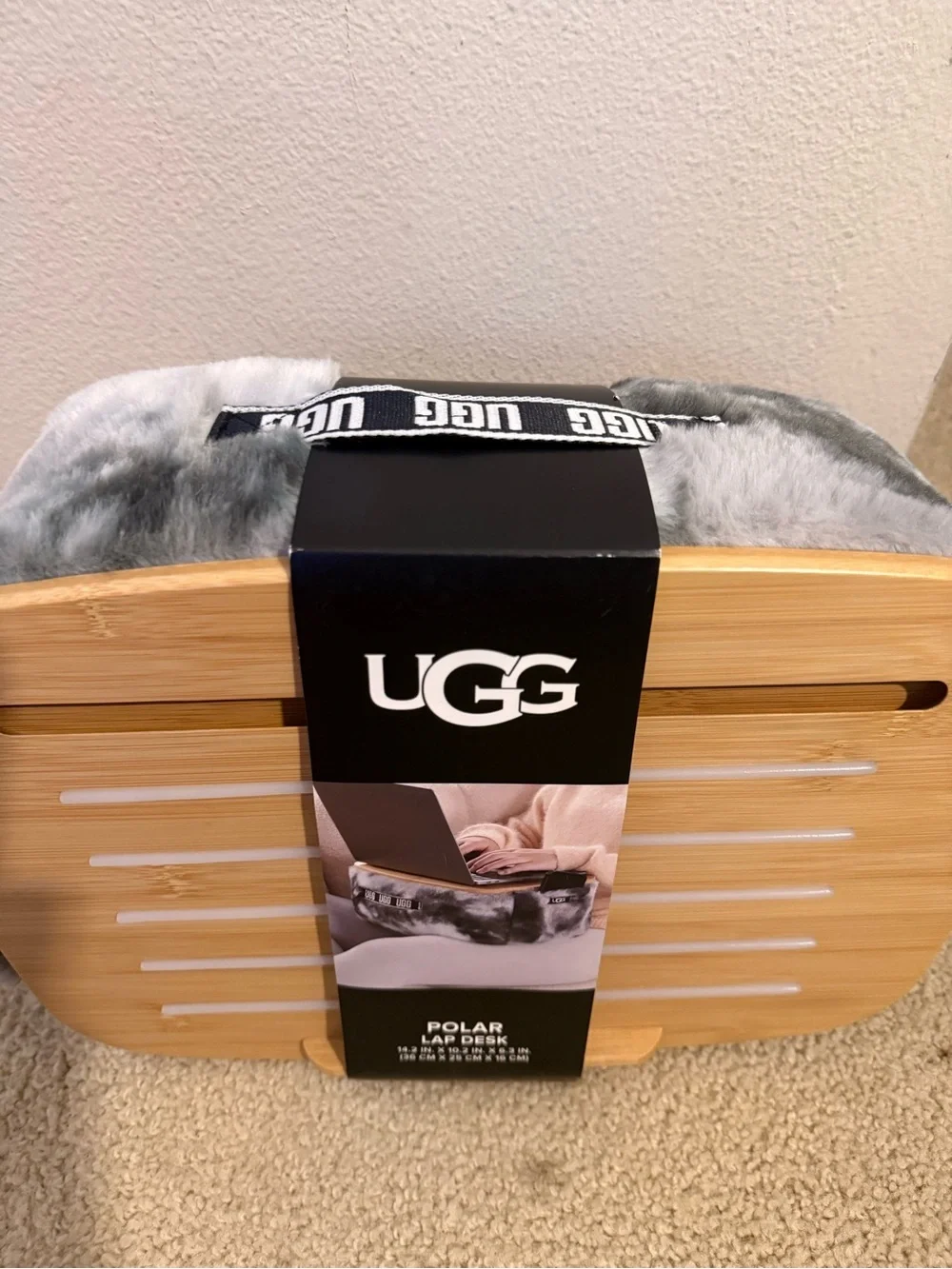 UGG Polar Lap Desk Gray Faux Fur Bamboo Laptop Cushion NWT