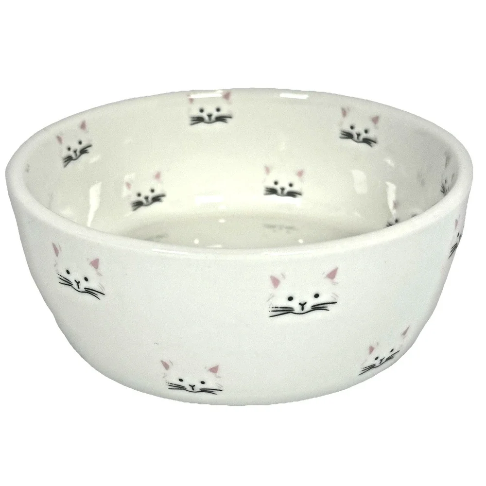 Cat Food Bowl Meow Ceramic‎ Kitty Dish White Pink Pet Feeding Dish Cute