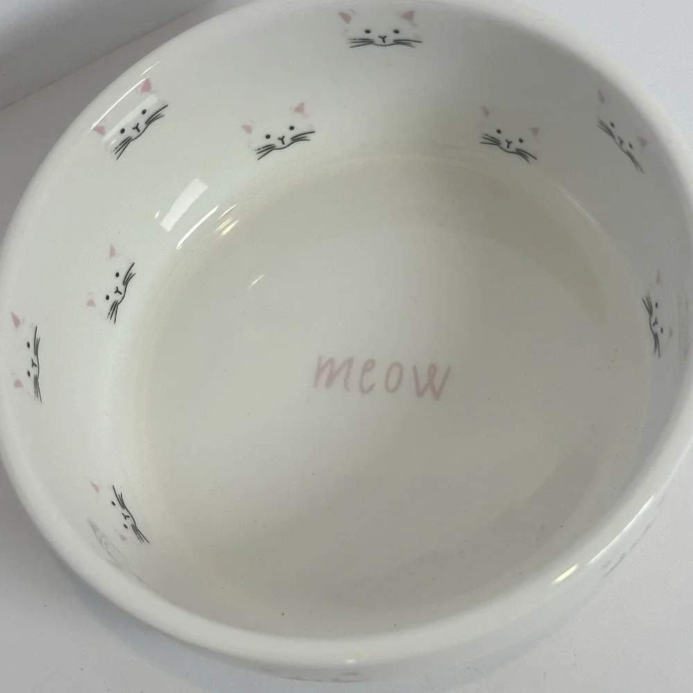 Cat Food Bowl Meow Ceramic‎ Kitty Dish White Pink Pet Feeding Dish Cute