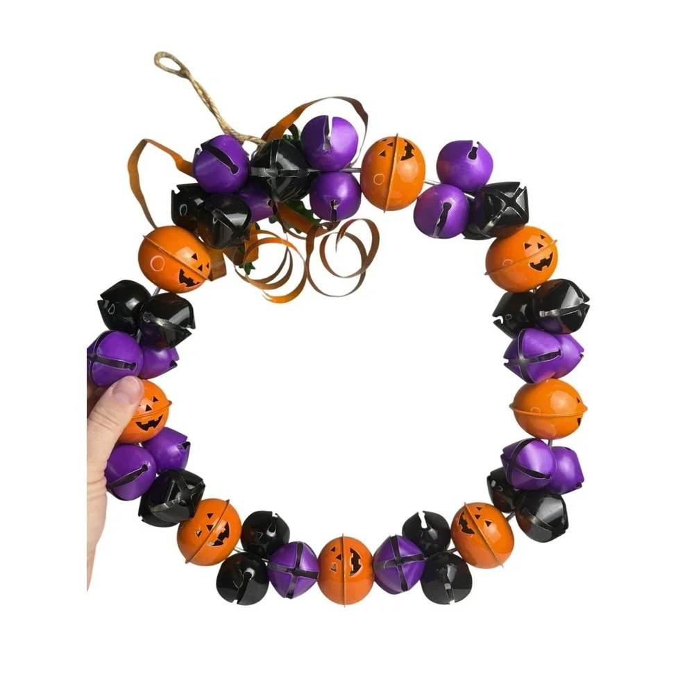 Pumpkin Metal Bell Halloween‎ Wreath Purple Orange Black Folk Art Handmade Decor