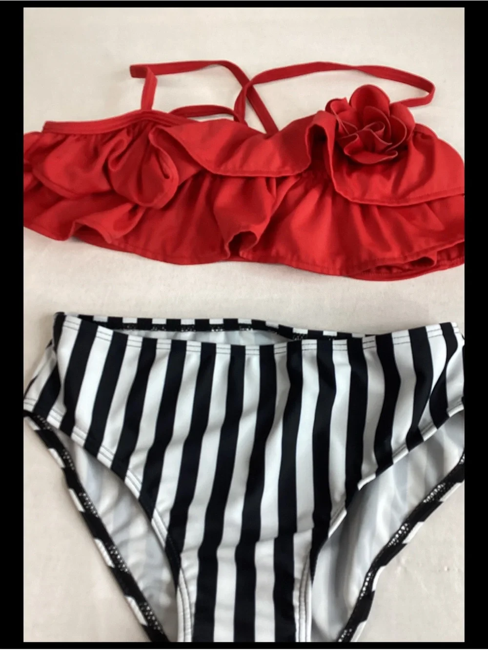 Kids Red Ruffle Bikini Top and Black-White Striped Bottom Set