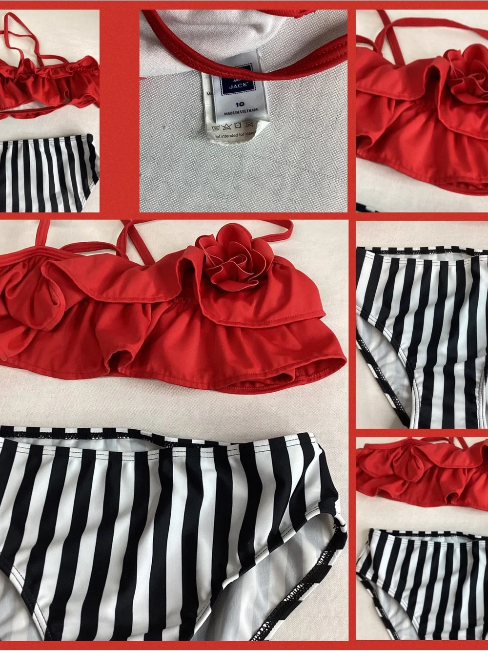 Kids Red Ruffle Bikini Top and Black-White Striped Bottom Set