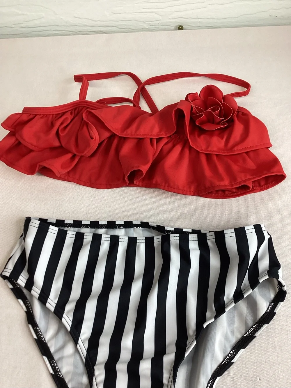 Kids Red Ruffle Bikini Top and Black-White Striped Bottom Set