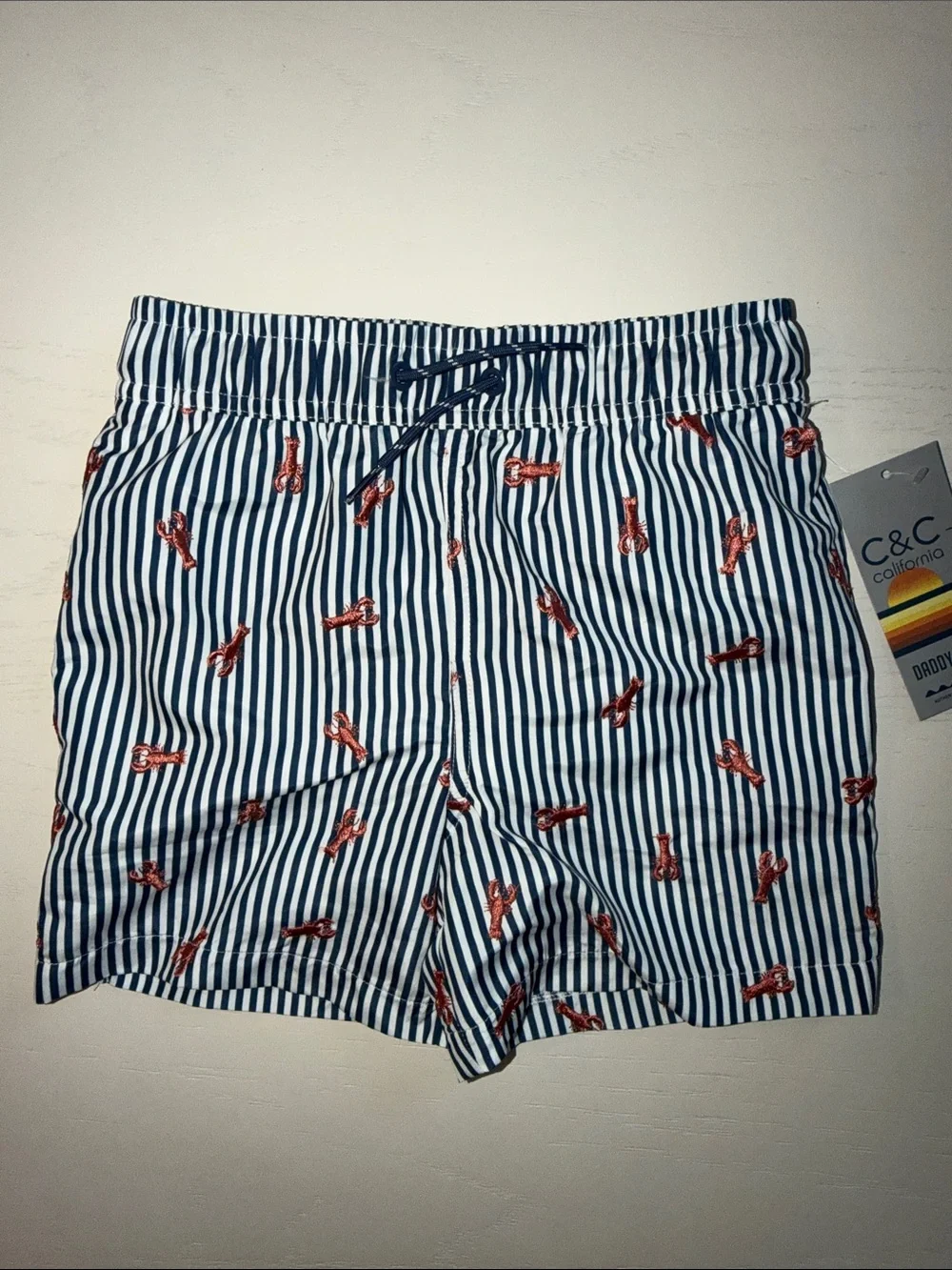 C&C California Navy & White Striped Boy Swim Trunks Red Lobster Print 5-6 5T