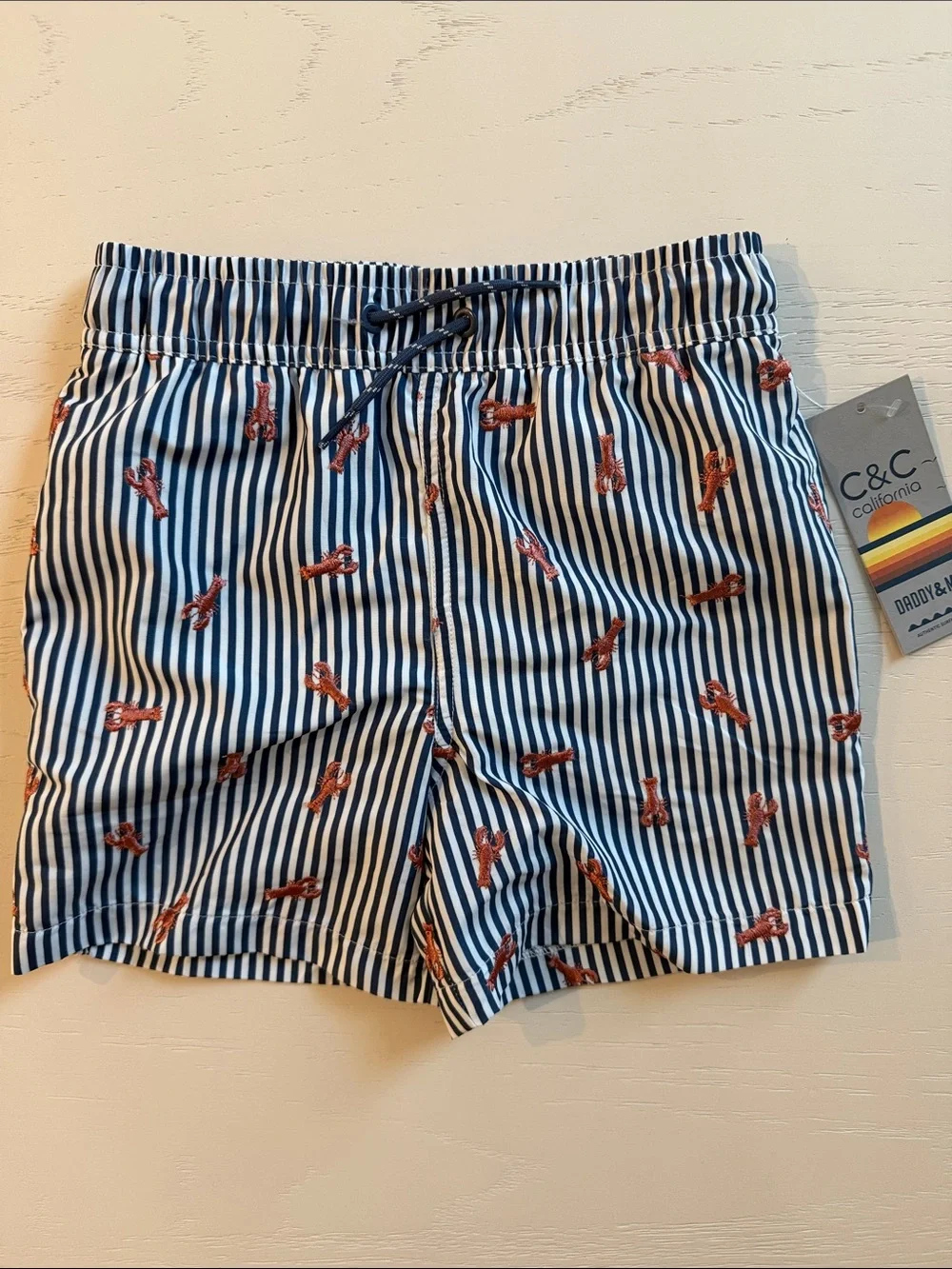 C&C California Navy & White Striped Boy Swim Trunks Red Lobster Print 5-6 5T