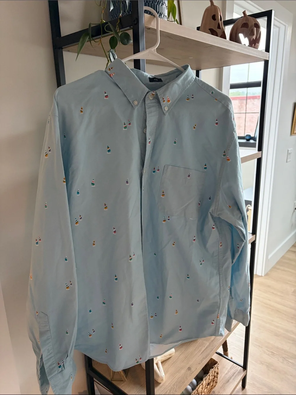 J. Crew Light Blue Button-Down Shirt with Multicolor Sailboat Motif
