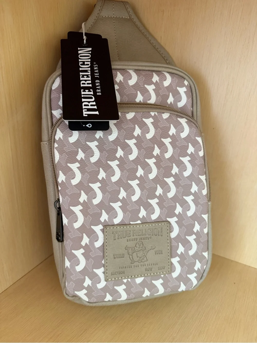 True Religion Monogram Sling Bag Crossbody Chest Pack Beige Taupe