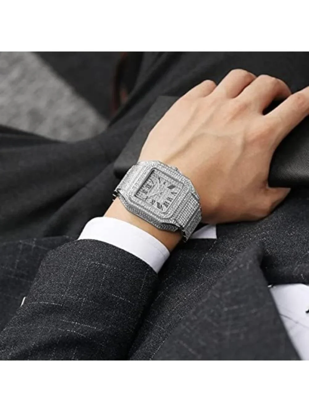 Stylish Hip Hop Men's Bling Crystal Watch - Rectangle Case, Stainless Steel