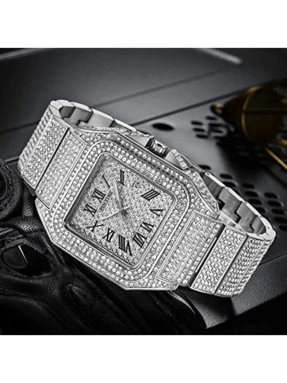 Stylish Hip Hop Men's Bling Crystal Watch - Rectangle Case, Stainless Steel