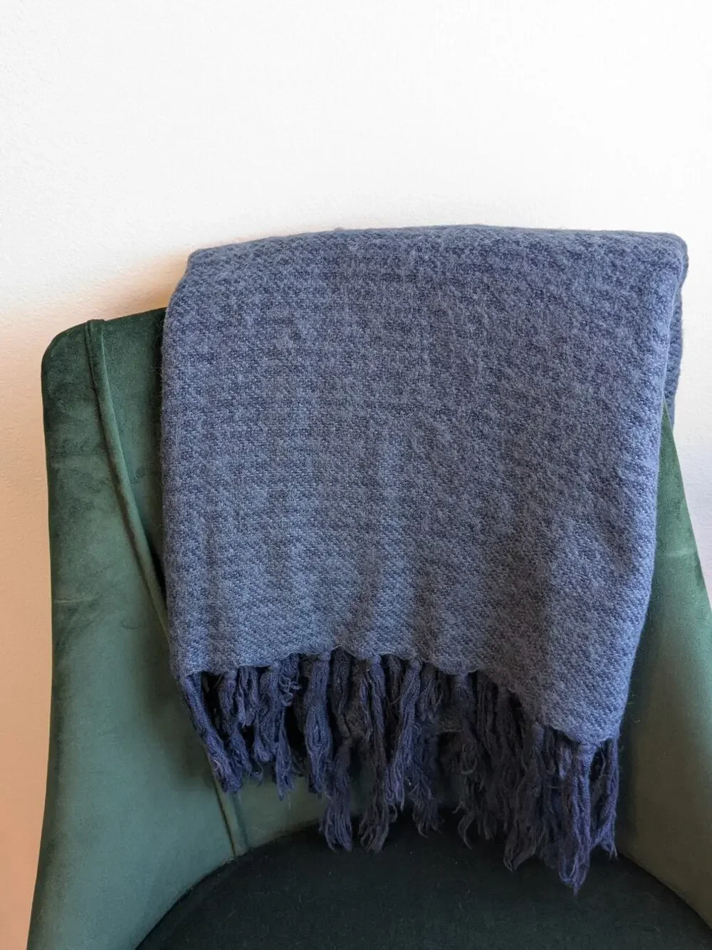 West Elm 46x53 Tassle Fringe Throw Blanket Navy Blue Fuzzy Knit Cozy Decor