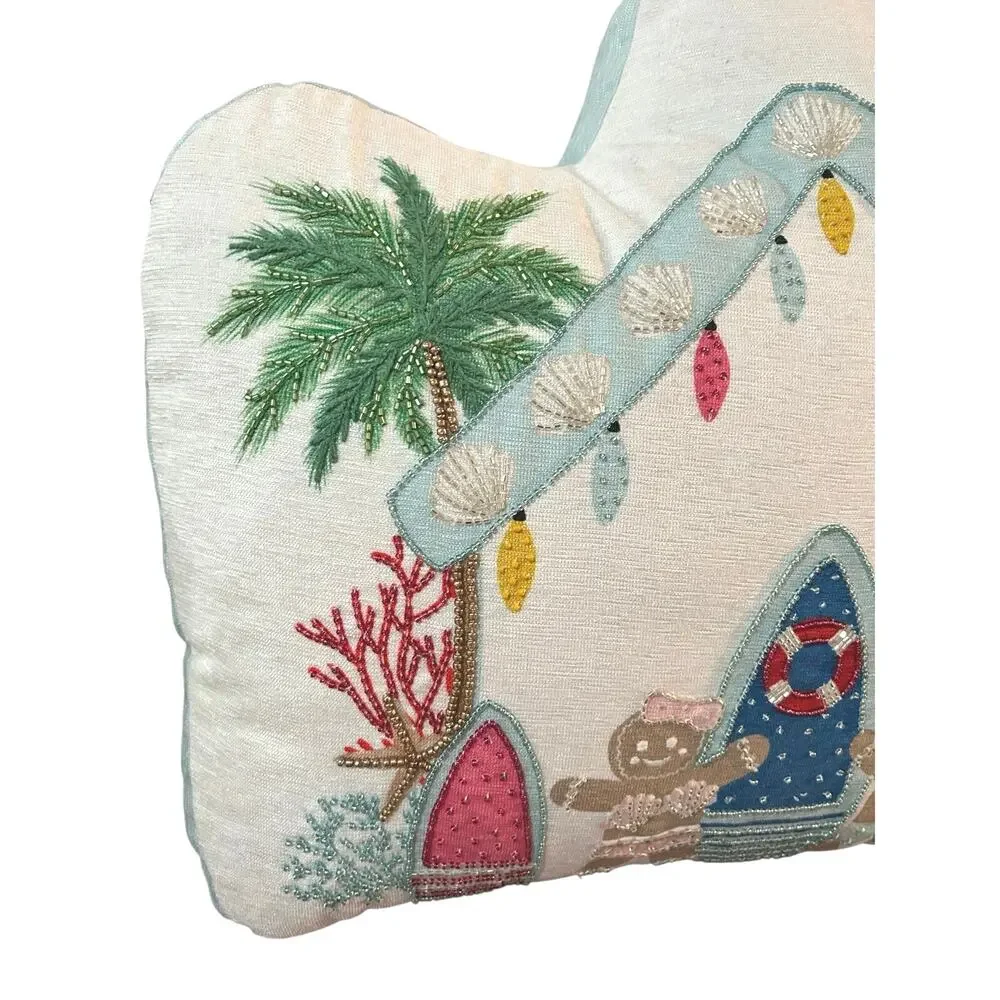 Christmas Gingerbread Men at the Beach Decorative Pillow 19” X 19” Beading