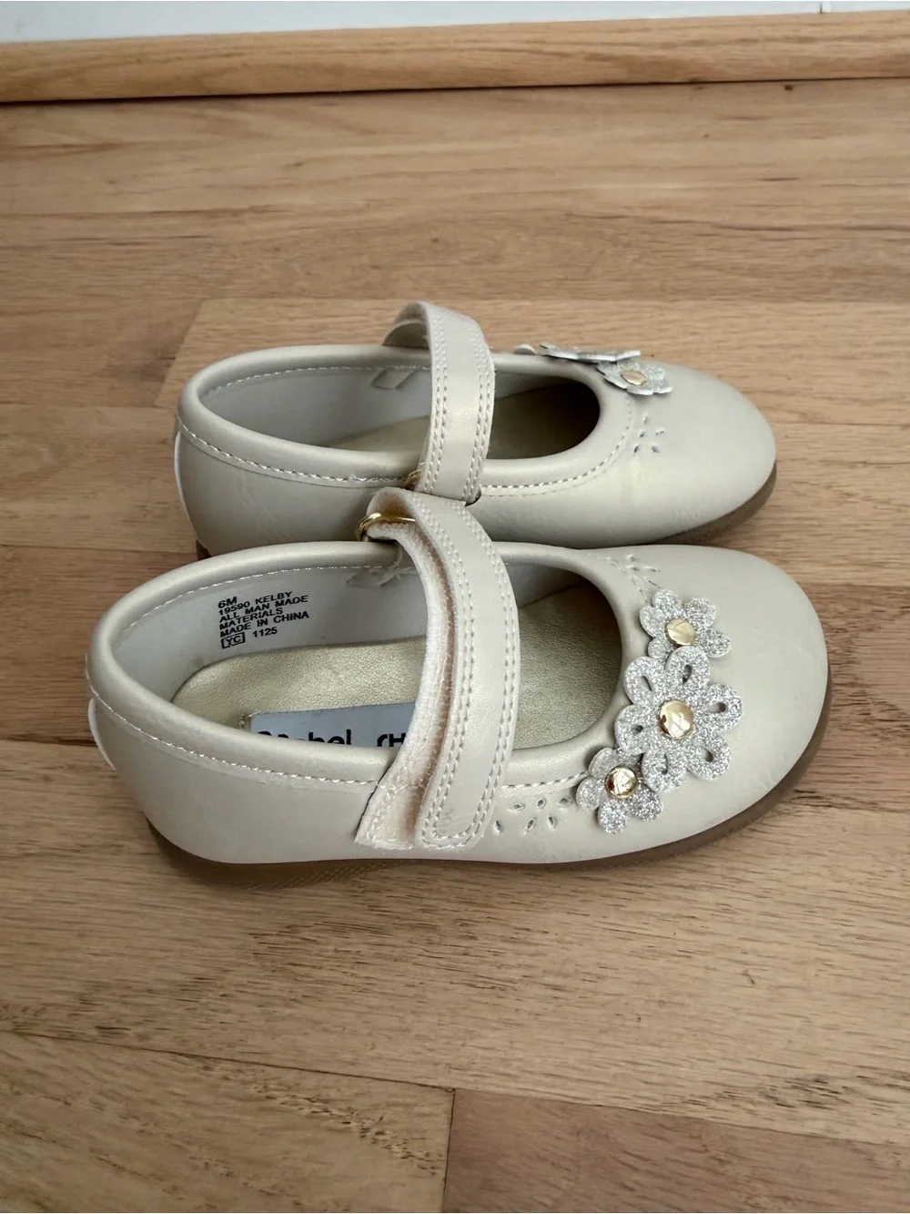 Rachel Shoes Beige Pearl Girls Mary Jane Flats with Floral Gems