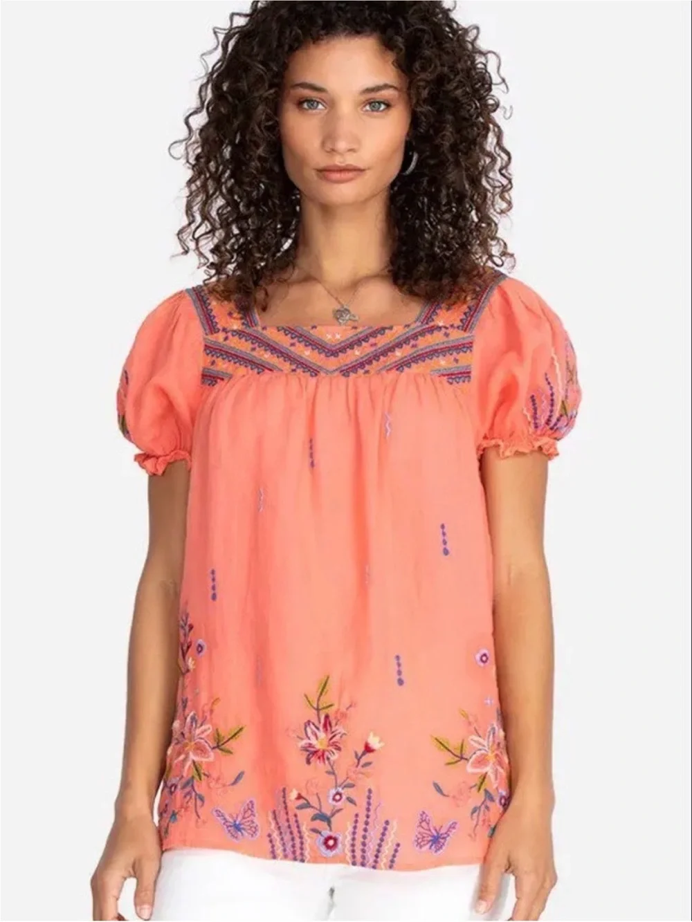 Johnny Was Aimee Puff Sleeve Peasant Top Floral Butterfly Embroidered Size L