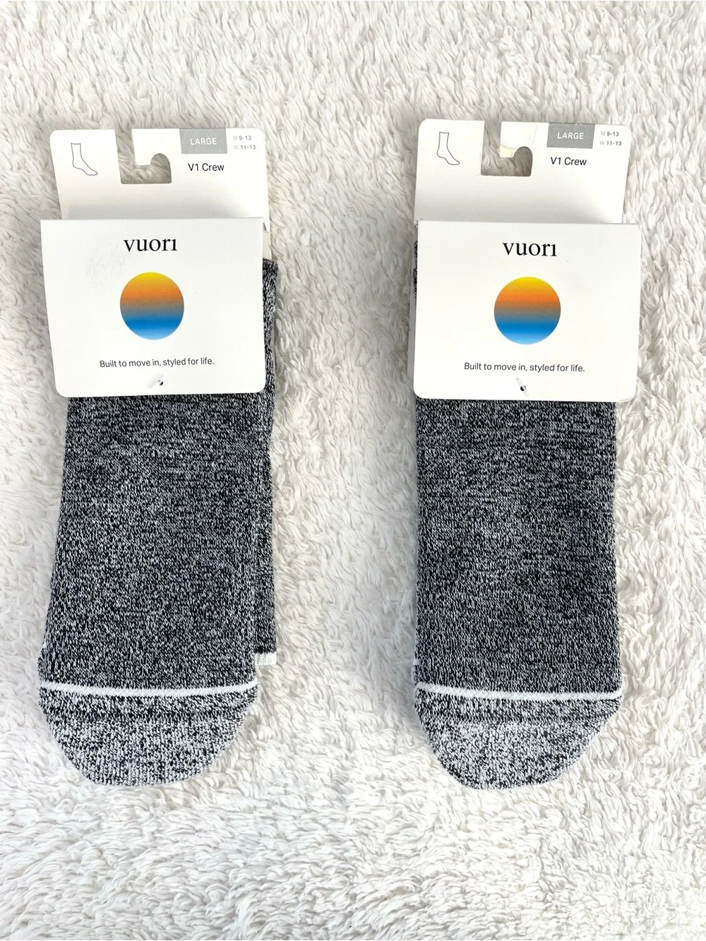 2 Pairs Vuori V1 Crew Socks Heather Gray - Unisex Size L