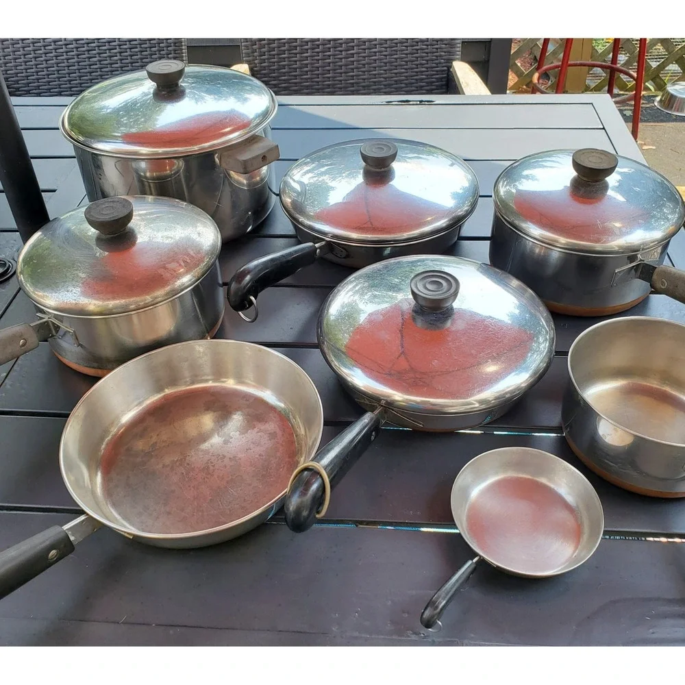 Vintage Revere Ware 1801 Copper Bottom 13-Pc Cookware Set Pots Pans Lids USA