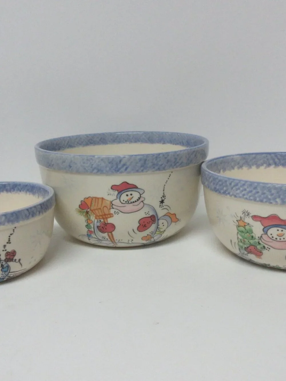 Vintage Vital Unit Ceramic Snowmen Mixing Bowls Set Of 3 Nesting