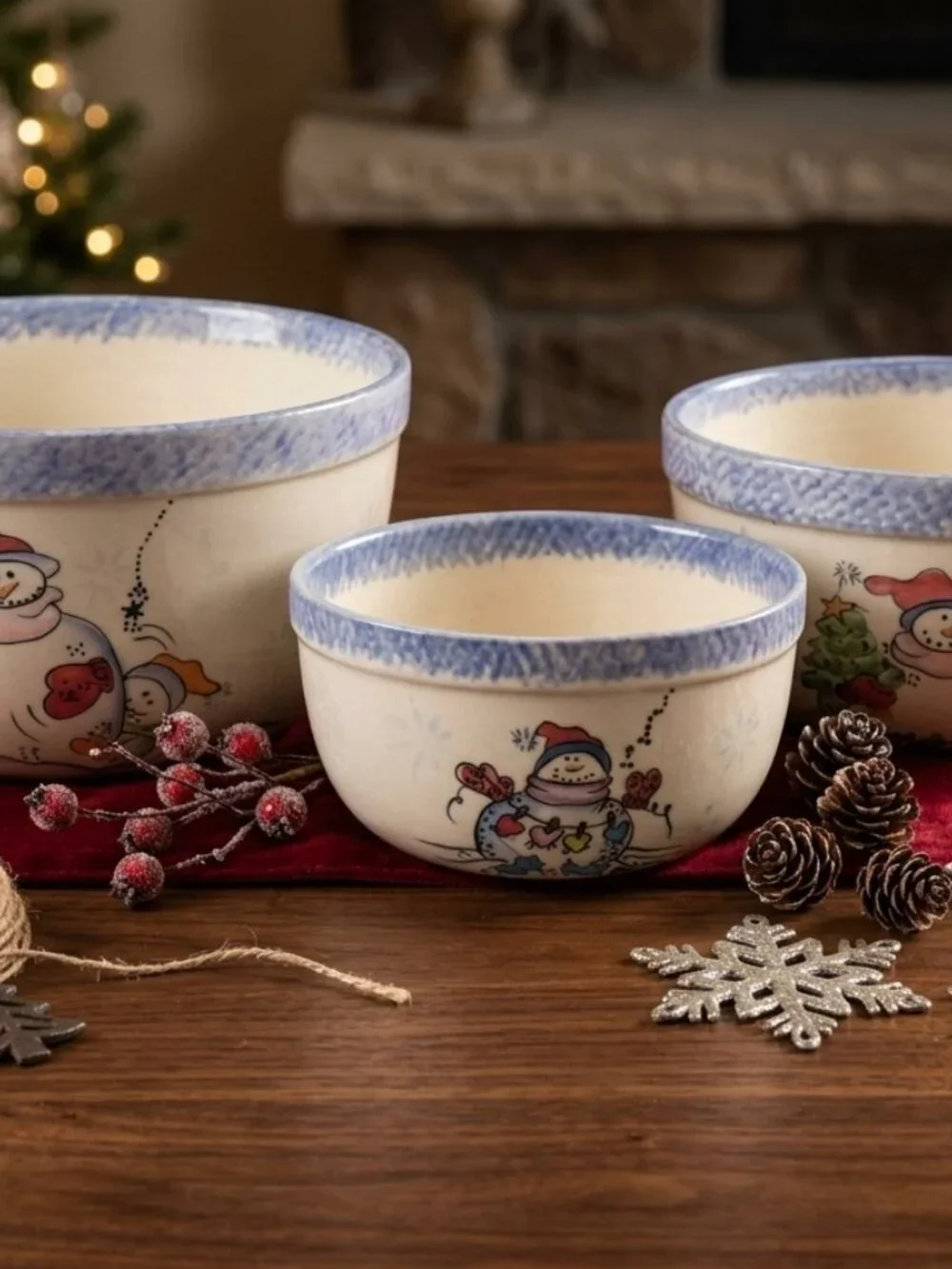 Vintage Vital Unit Ceramic Snowmen Mixing Bowls Set Of 3 Nesting