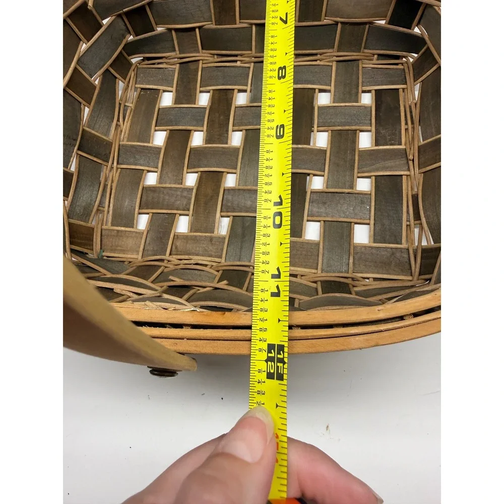 Hand Woven Wood Splint Basket with Handle Two Tone Brown Farmhouse Decor 13.5in