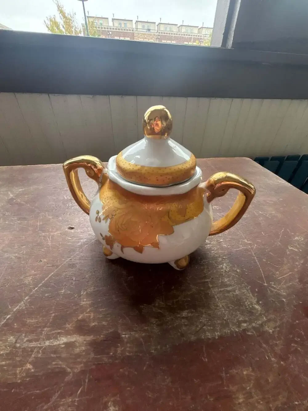Vintage Footed Porcelain Sugar Bowl and Lid with Gold Gilded Rose