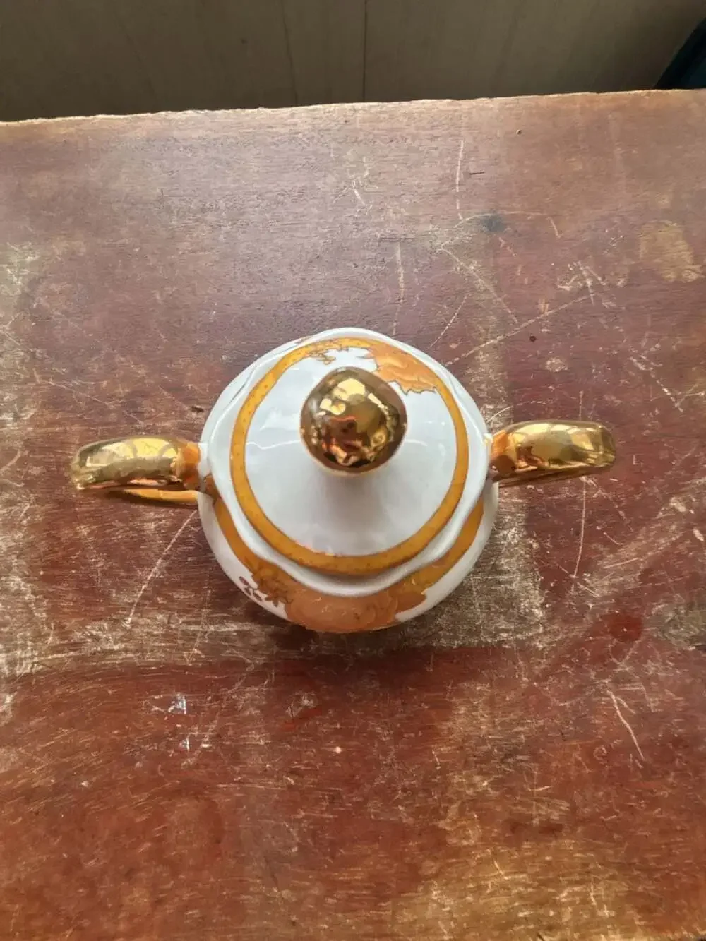 Vintage Footed Porcelain Sugar Bowl and Lid with Gold Gilded Rose