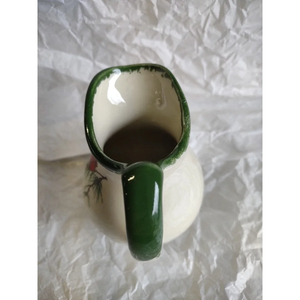 Vtg Heavy Mini Milk Pitcher, Cardinal Bird/Cream Colored Pottery 4