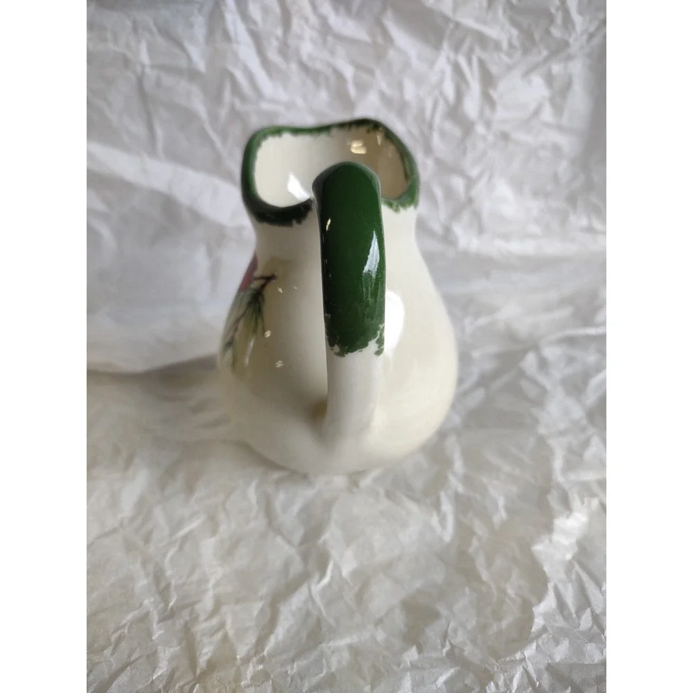 Vtg Heavy Mini Milk Pitcher, Cardinal Bird/Cream Colored Pottery 4