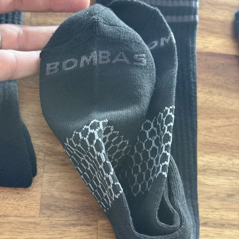 LOT OF 3 Bombas Men's Crew Socks XL Black/Gray Striped Sporty Casual Gym NWOT