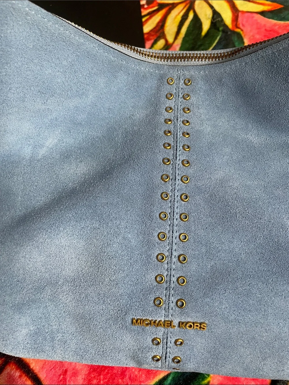 Michael Kors Sky Blue Suede Hobo with Gold MK Charm W 16 H 9.5