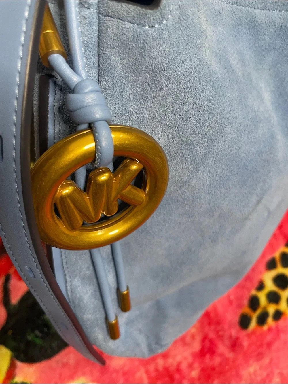 Michael Kors Sky Blue Suede Hobo with Gold MK Charm W 16 H 9.5