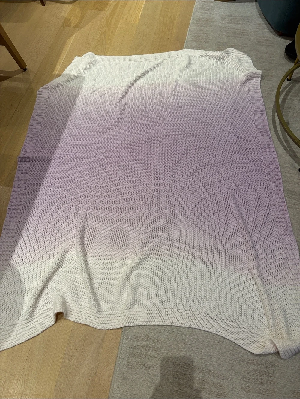 Soft Knit blanket. Light Pink and purple. Approximately 5 by 5 feet