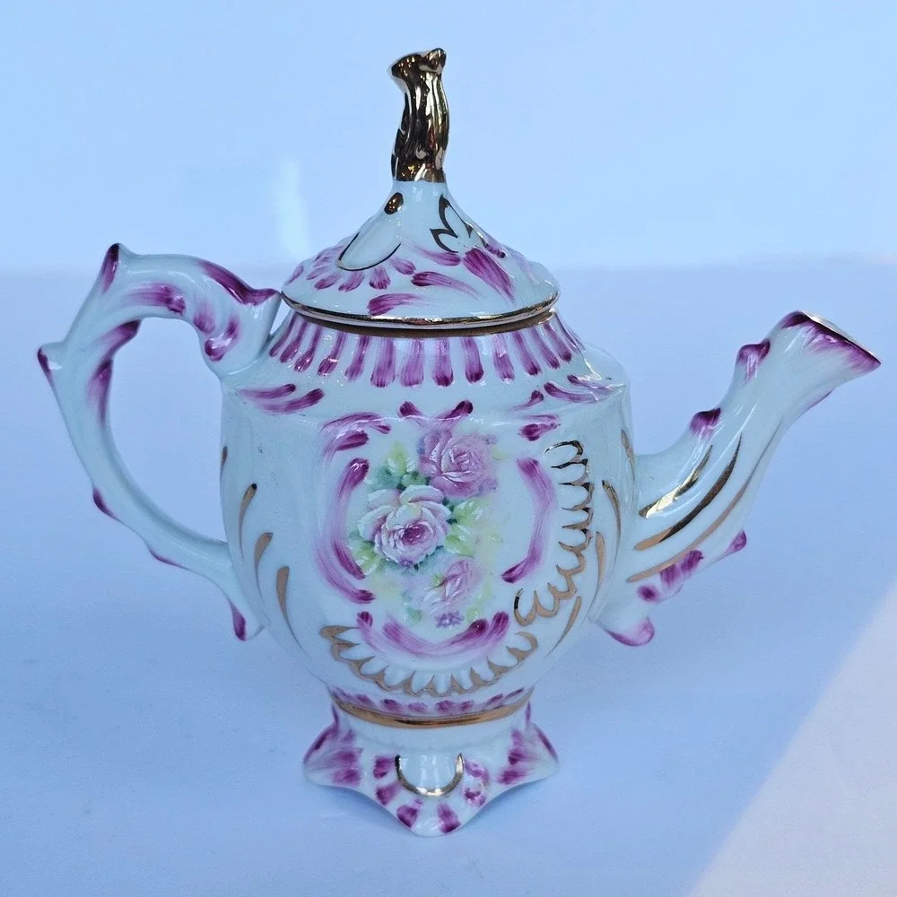 Cracker Barrel Porcelain Miniature Teapot Floral Rose Purple‎ Gold Trim Decor