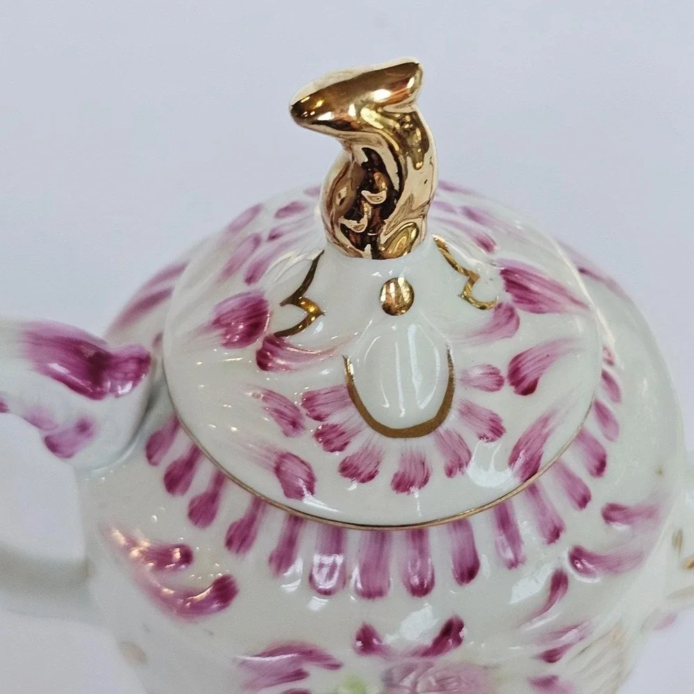 Cracker Barrel Porcelain Miniature Teapot Floral Rose Purple‎ Gold Trim Decor