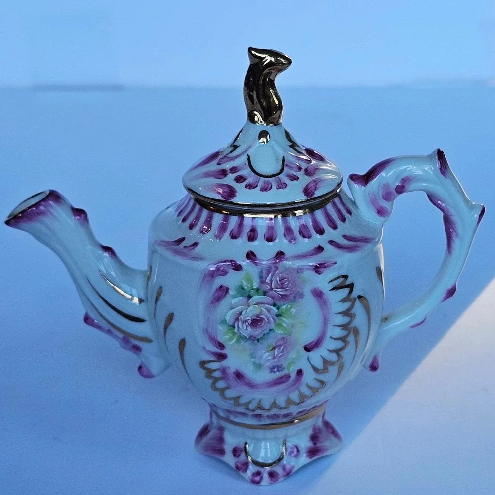 Cracker Barrel Porcelain Miniature Teapot Floral Rose Purple‎ Gold Trim Decor