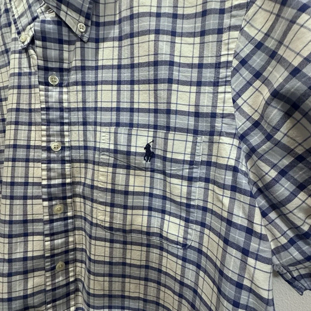 Polo Ralph Lauren Mens Short Sleeve Shirt‎ Sz Large Oxford Plaid Blue Flesh Pony